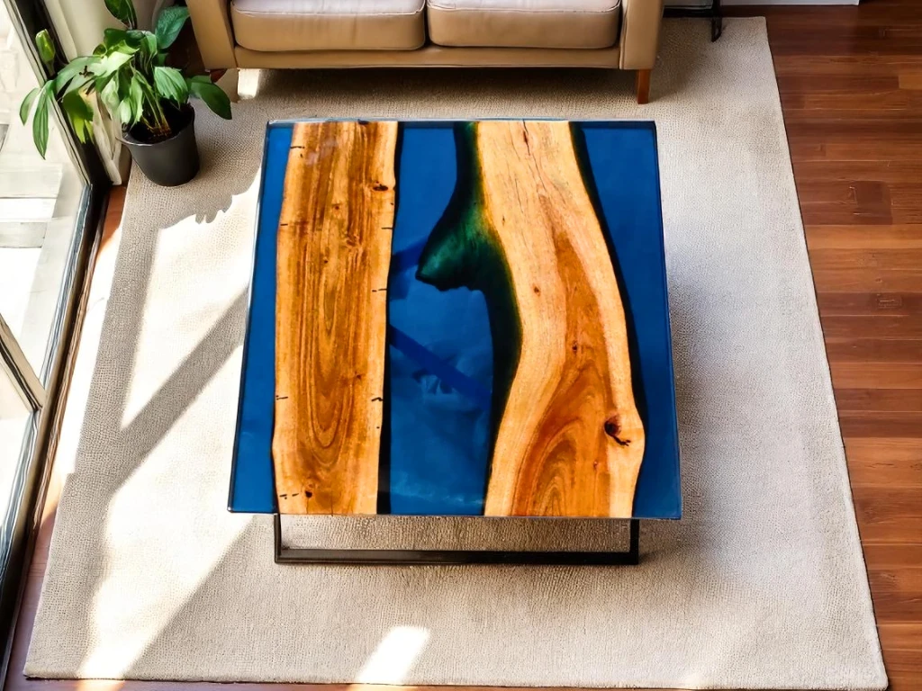 Square Blue Epoxy Table for Home or Living Spaces